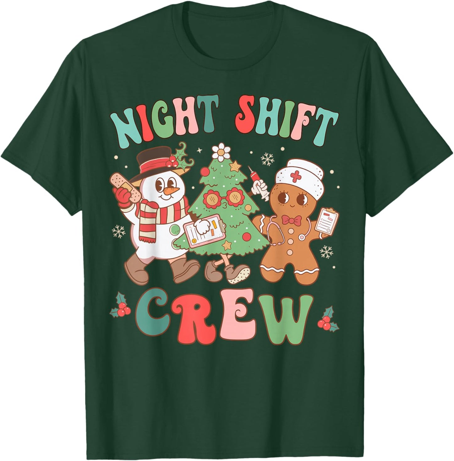 Retro Night Shift Nurse Crew Christmas Night Shift Nursing T-Shirt - T-Shirt | Forest