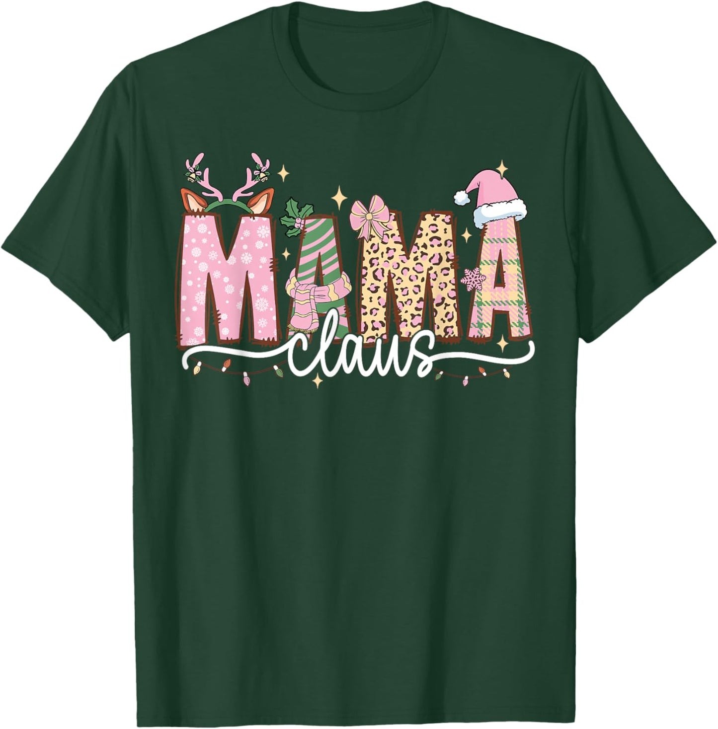 Mama Claus Retro Leopard Pink Christmas Reindeer Xmas Lights T-Shirt - T-Shirt | Forest