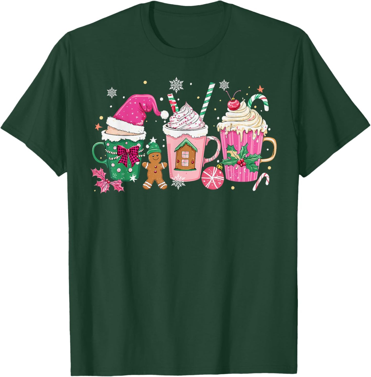 Coffee Christmas Gingerbread Pink Women Latte Cozy Winter T-Shirt - T-Shirt | Forest