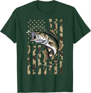 Camo US Flag Bass Fish Fishing Patriotic Men Women T-Shirt - T-Shirt | Forest