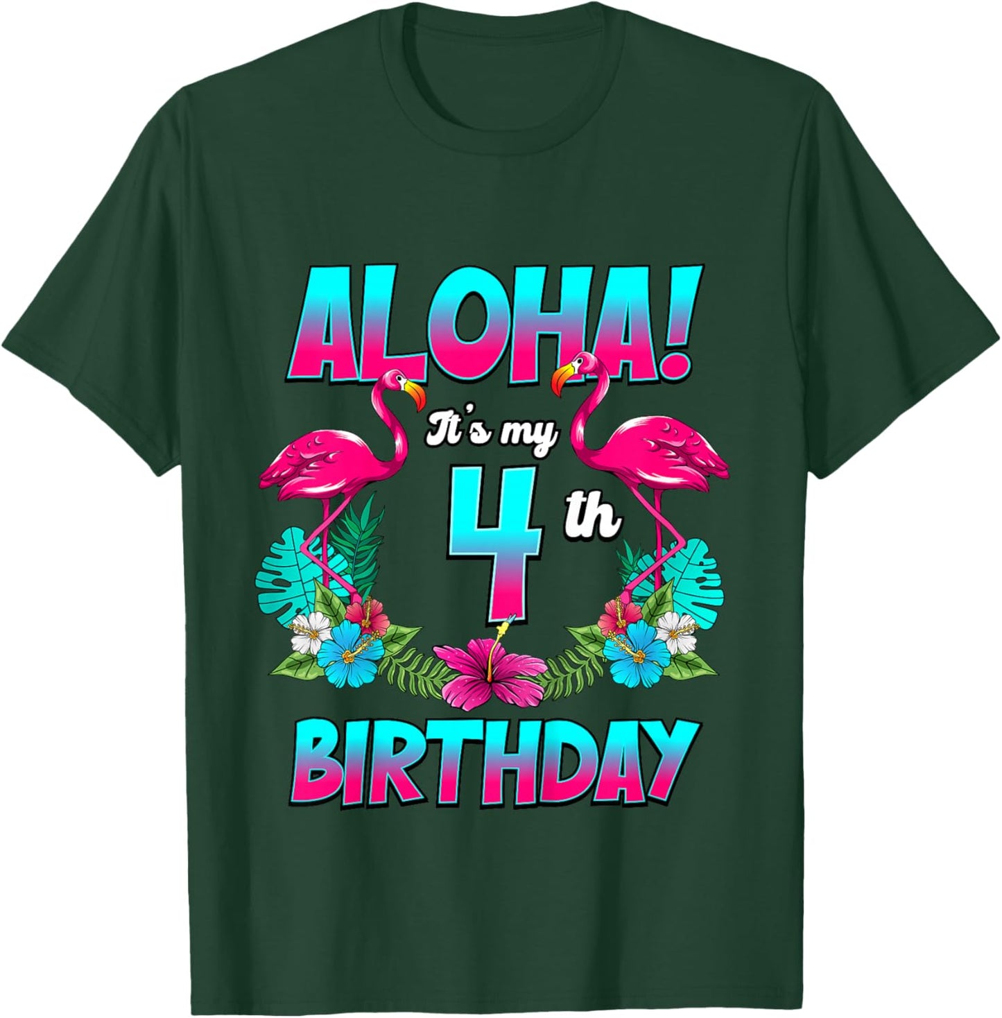 Kids Aloha 4th Birthday Flamingo Hawaii 4 Years Old T-Shirt - T-Shirt | Forest