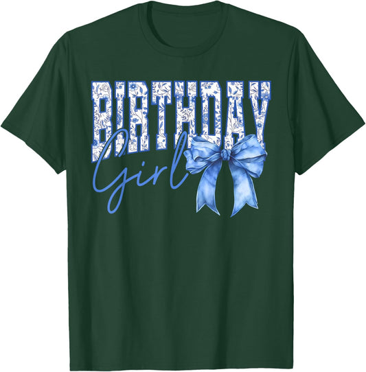 Birthday Girl Coquette Blue Toile Bow Girly Aesthetic Kids T-Shirt - T-Shirt | Forest