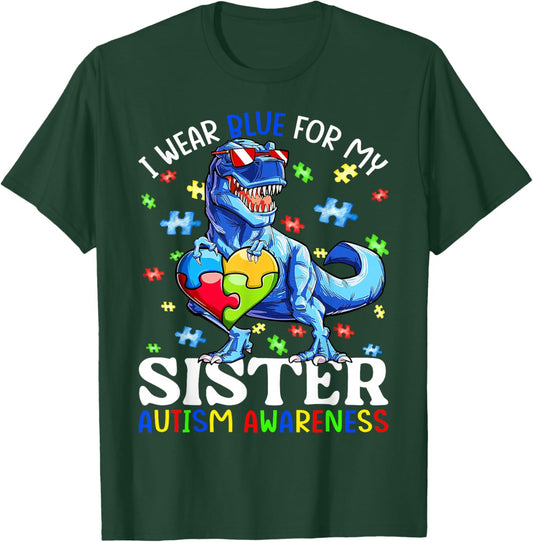 I Wear Blue For My Sister Autism Awareness Dinosaur Boys T-Shirt - T-Shirt | Forest