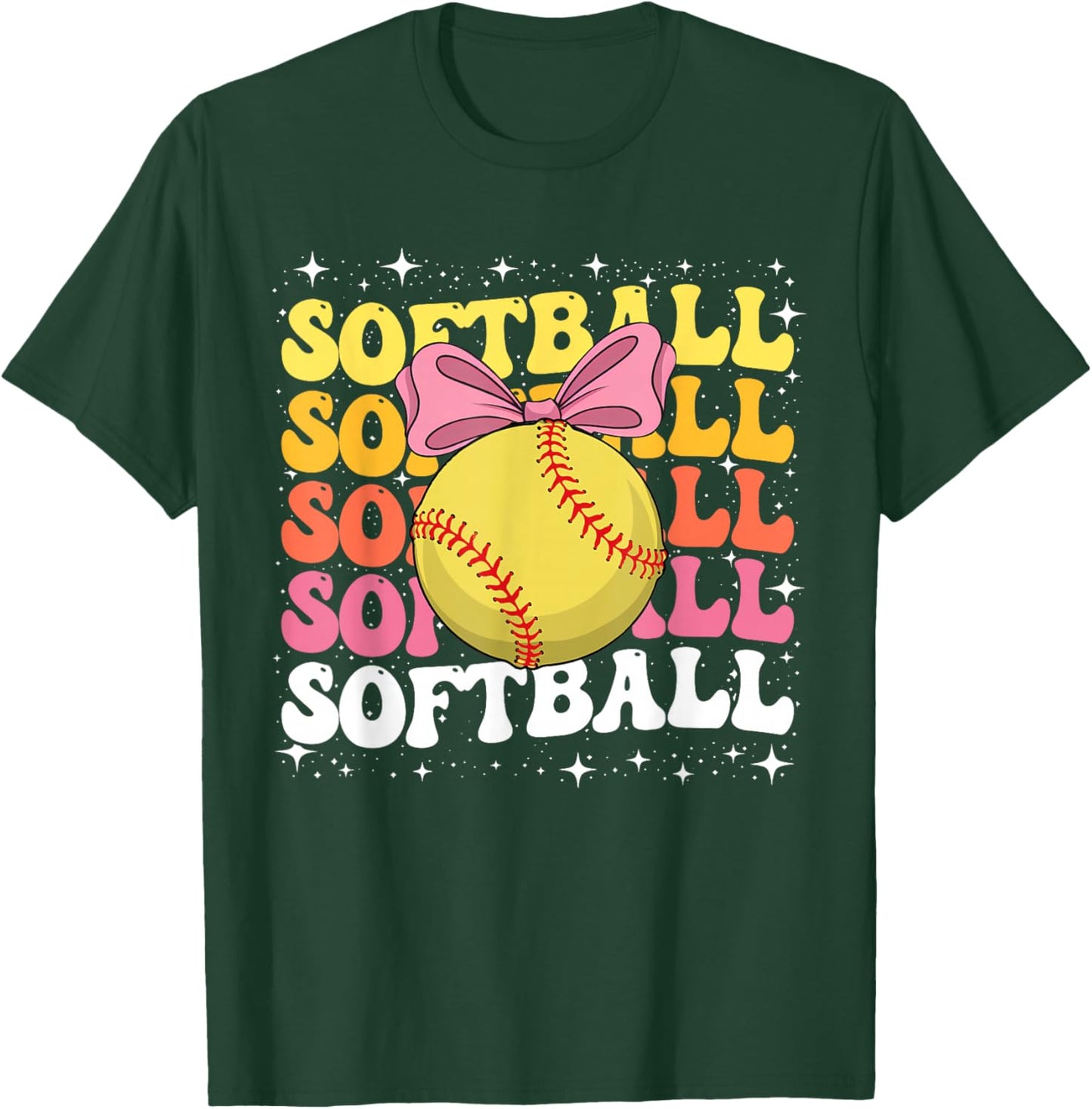 Groovy Softball Coquette Bow Softball Lover Mom T-Shirt - T-Shirt | Forest