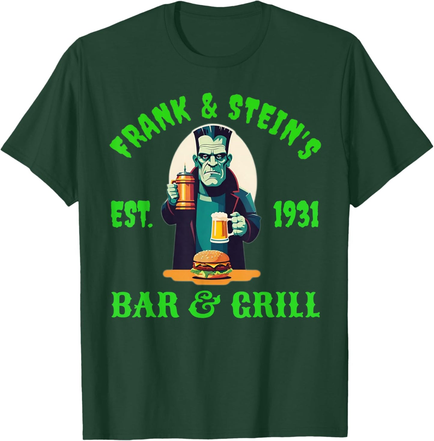 Frank and Steins Bar and Grill Frankenstein Funny Halloween T-Shirt - T-Shirt | Forest