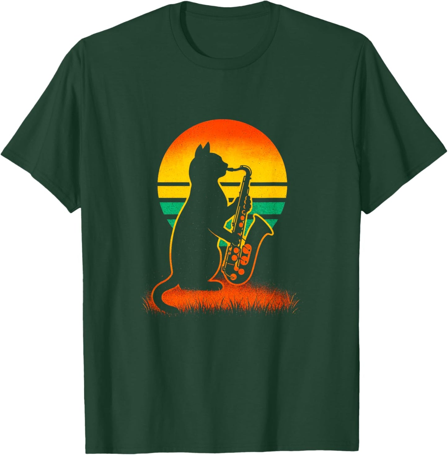 Jazz Cat Sunset - Funny Saxophone Music Lover T-Shirt - T-Shirt | Forest