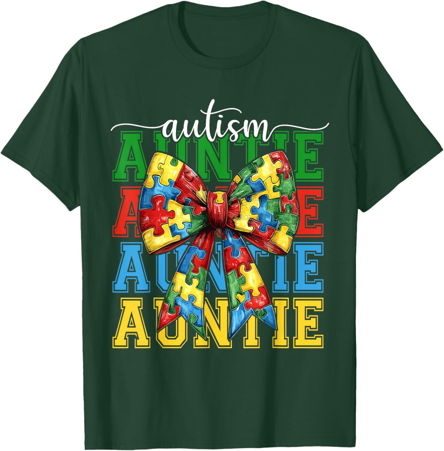 Autism Auntie Puzzle Coquette Bow Autism Awareness Aunt T-Shirt - T-Shirt | Forest