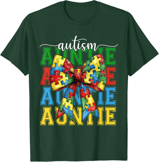 Autism Auntie Puzzle Coquette Bow Autism Awareness Aunt T-Shirt - T-Shirt | Forest