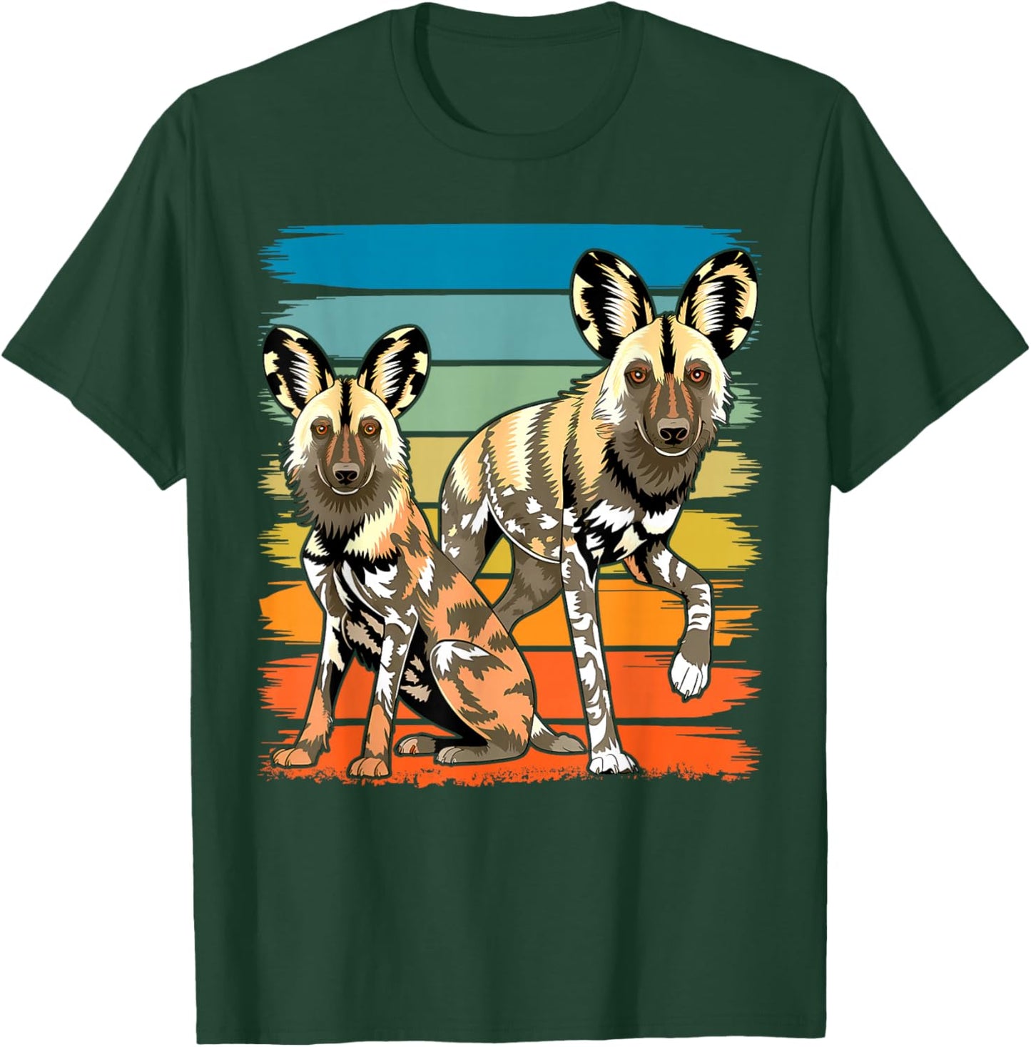 African Painted Wild Dogs Sunset Moon Wild Dog Lovers Design T-Shirt - T-Shirt | Forest