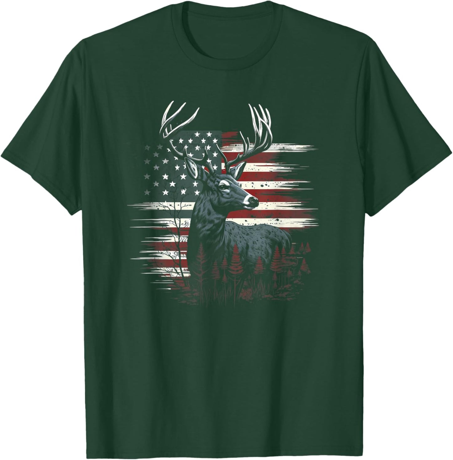 Deer Hunting American Flag Whitetail Buck Antlers T-Shirt - T-Shirt | Forest