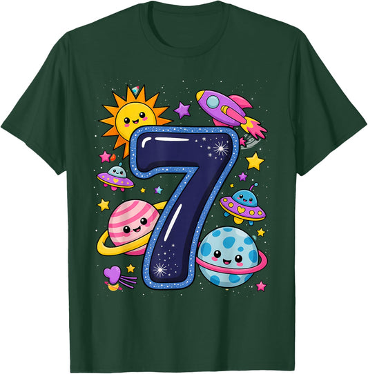 Outer Space 7 Year Old 7th Birthday Girl Party Theme T-Shirt - T-Shirt | Forest