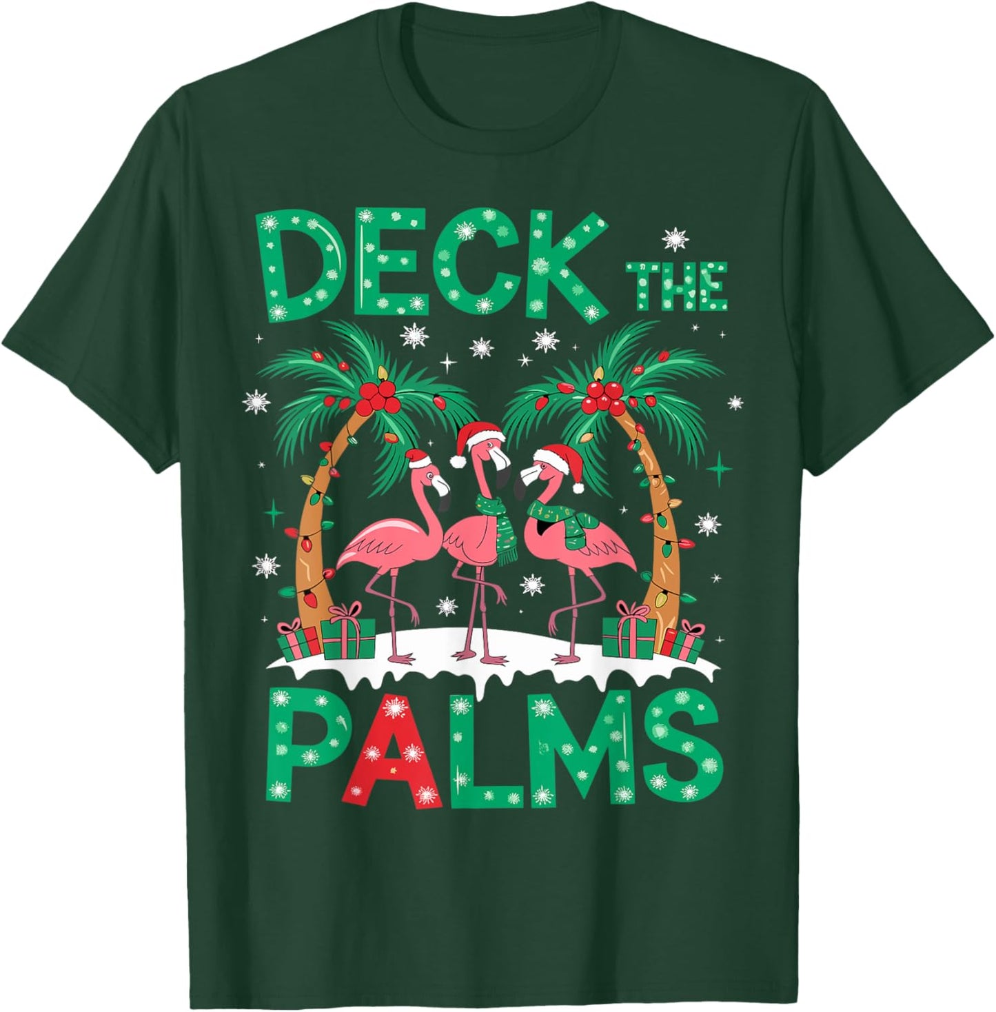 Deck the Palms Flamingo Tropical Christmas Lights Palm Tree T-Shirt - T-Shirt | Forest