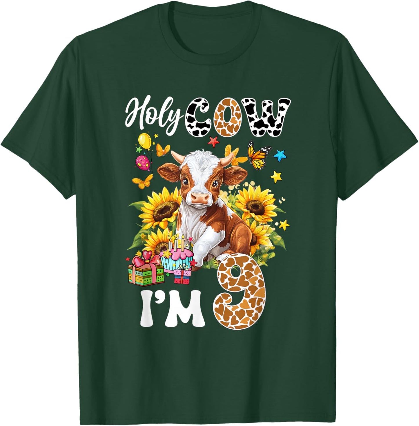 Holy Cow I'm 9 Years Old Farm Cow Sunflowers 9Th Birthday T-Shirt - T-Shirt | Forest