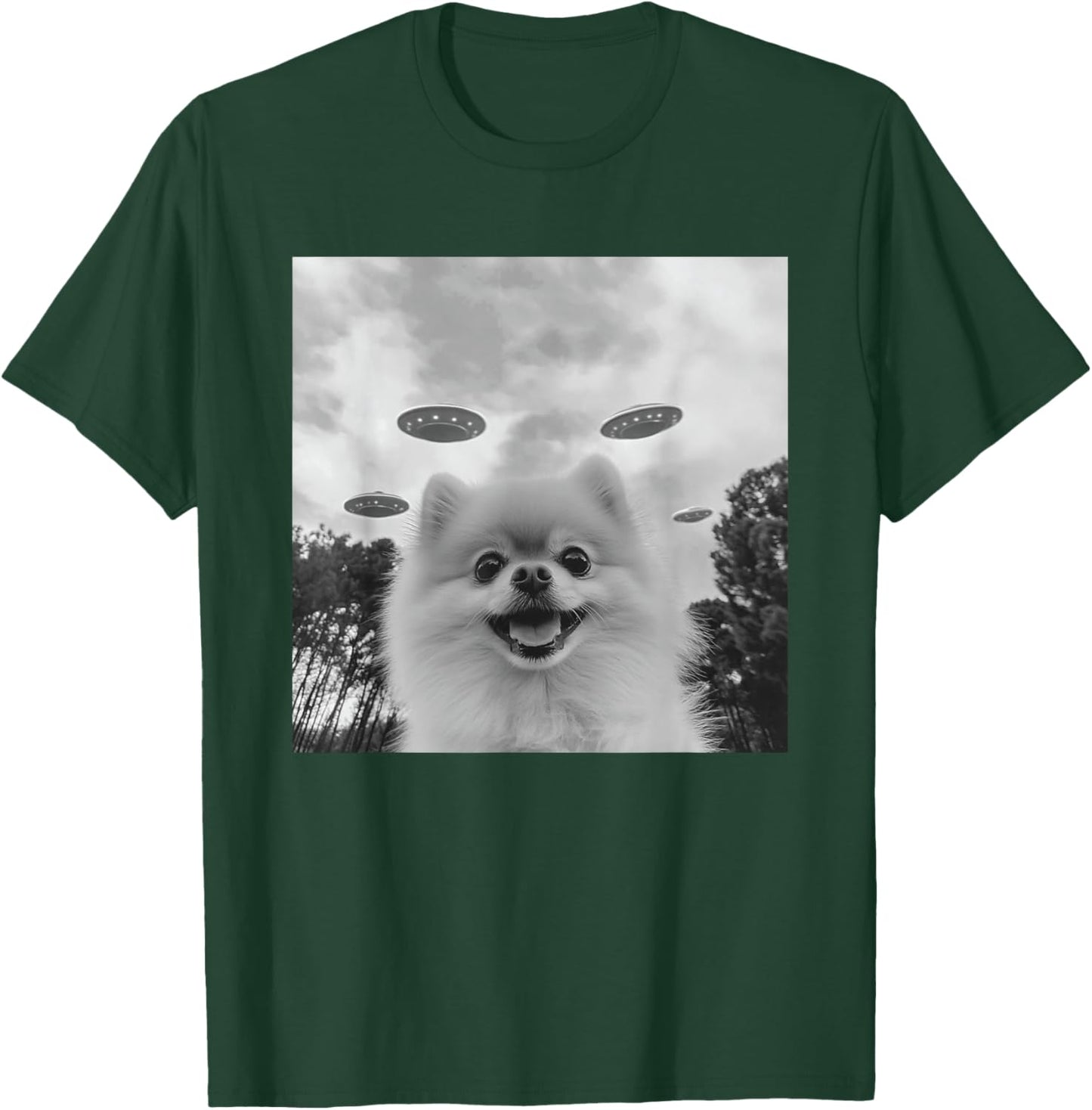 Cute Pomeranian Dog Selfie With UFO UAP Invasion Alien T-Shirt - T-Shirt | Forest