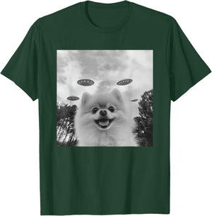 Cute Pomeranian Dog Selfie With UFO UAP Invasion Alien T-Shirt - T-Shirt | Forest