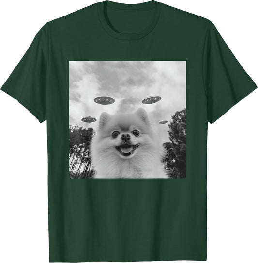 Cute Pomeranian Dog Selfie With UFO UAP Invasion Alien T-Shirt - T-Shirt | Forest