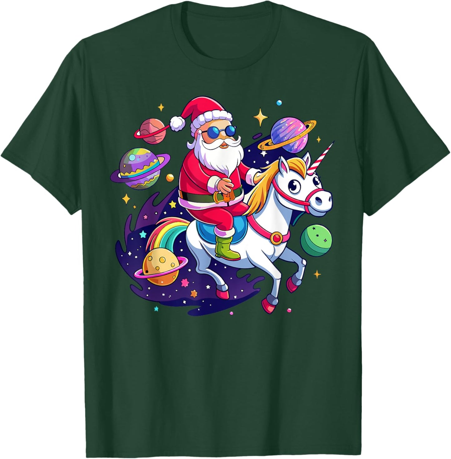 Christmas Santa Riding Unicorn Cute Xmas Holiday Girls Women T-Shirt - T-Shirt | Forest