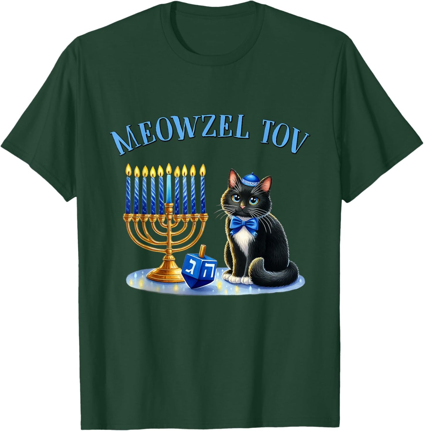 Funny Happy Hanukkah Hanukkat Meowzel Tov Jewish Cat Menorah T-Shirt - T-Shirt | Forest