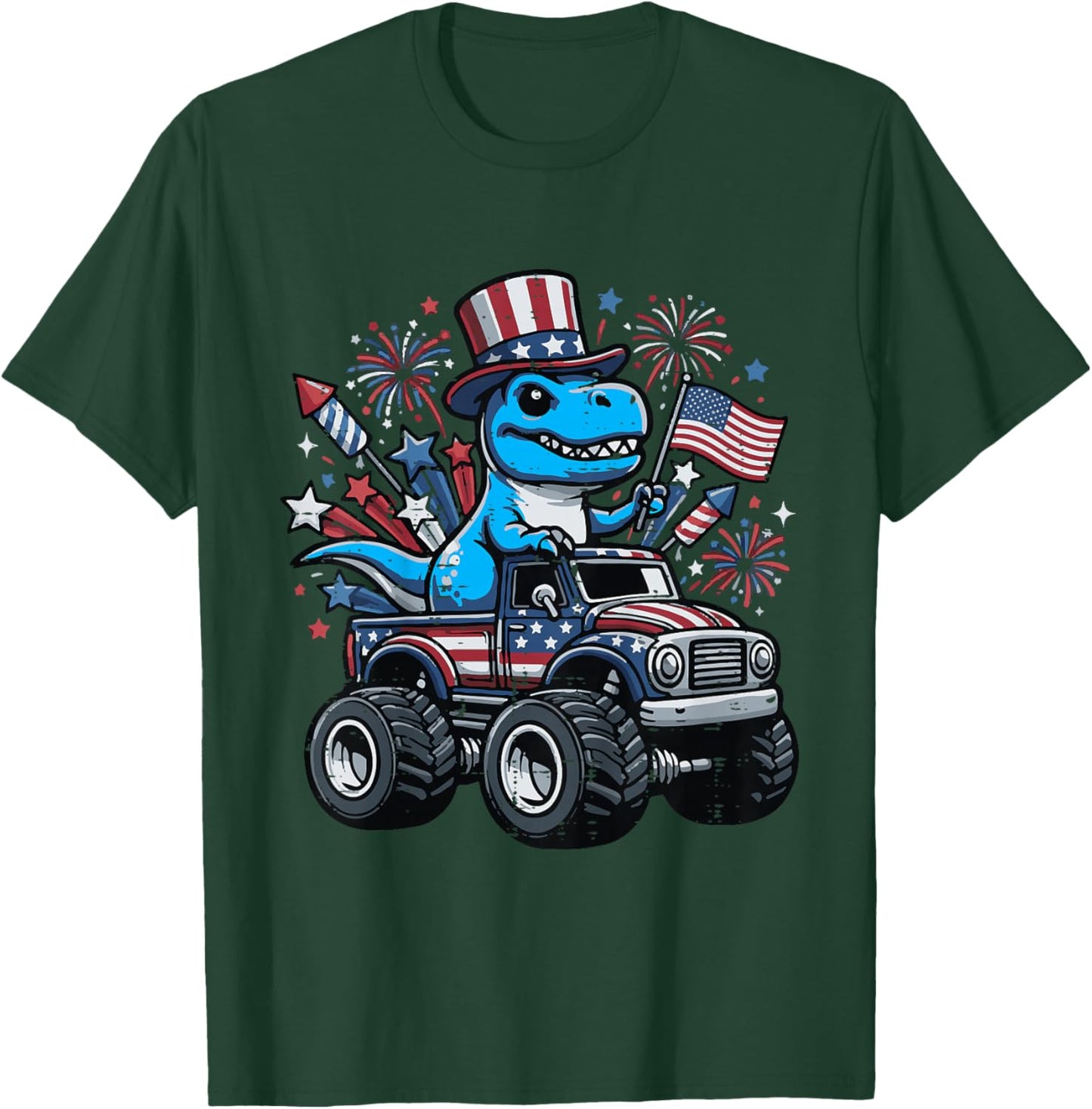 Kids 4th of July Dino On Monster Truck Trex Patriotic Boys Kids T-Shirt - T-Shirt | Forest