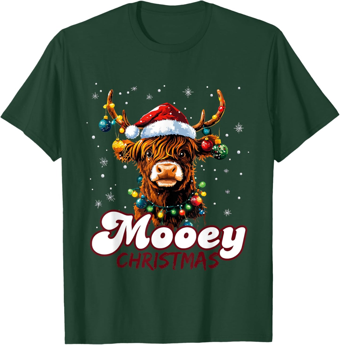 Mooey Christmas Highland Cow with Santa Hat and Xmas Lights T-Shirt - T-Shirt | Forest