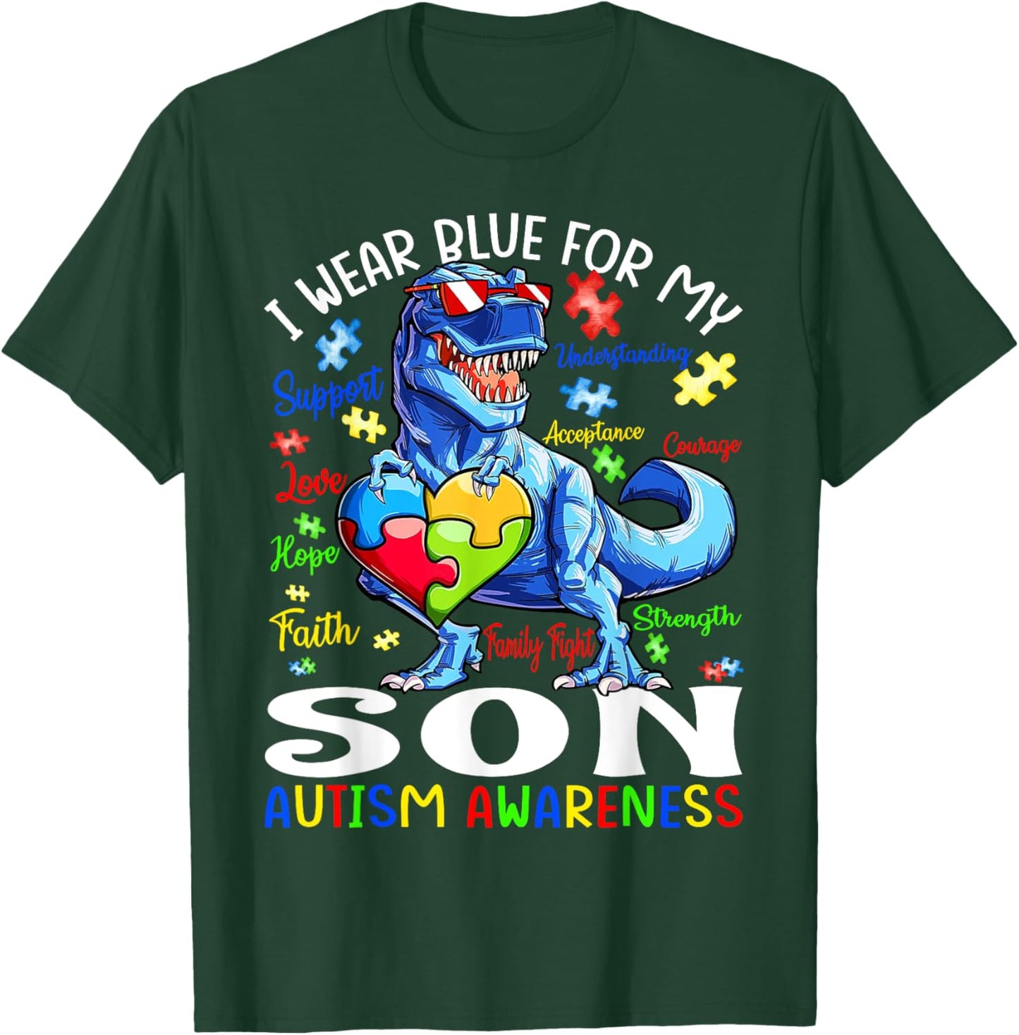 I Wear Blue For My Son Autism Awareness T Rex T-Shirt - T-Shirt | Forest