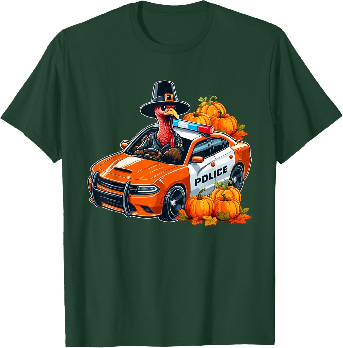 Turkey Driving Police Car Thanksgiving Driver Fall Pumpkins T-Shirt - T-Shirt | Forest