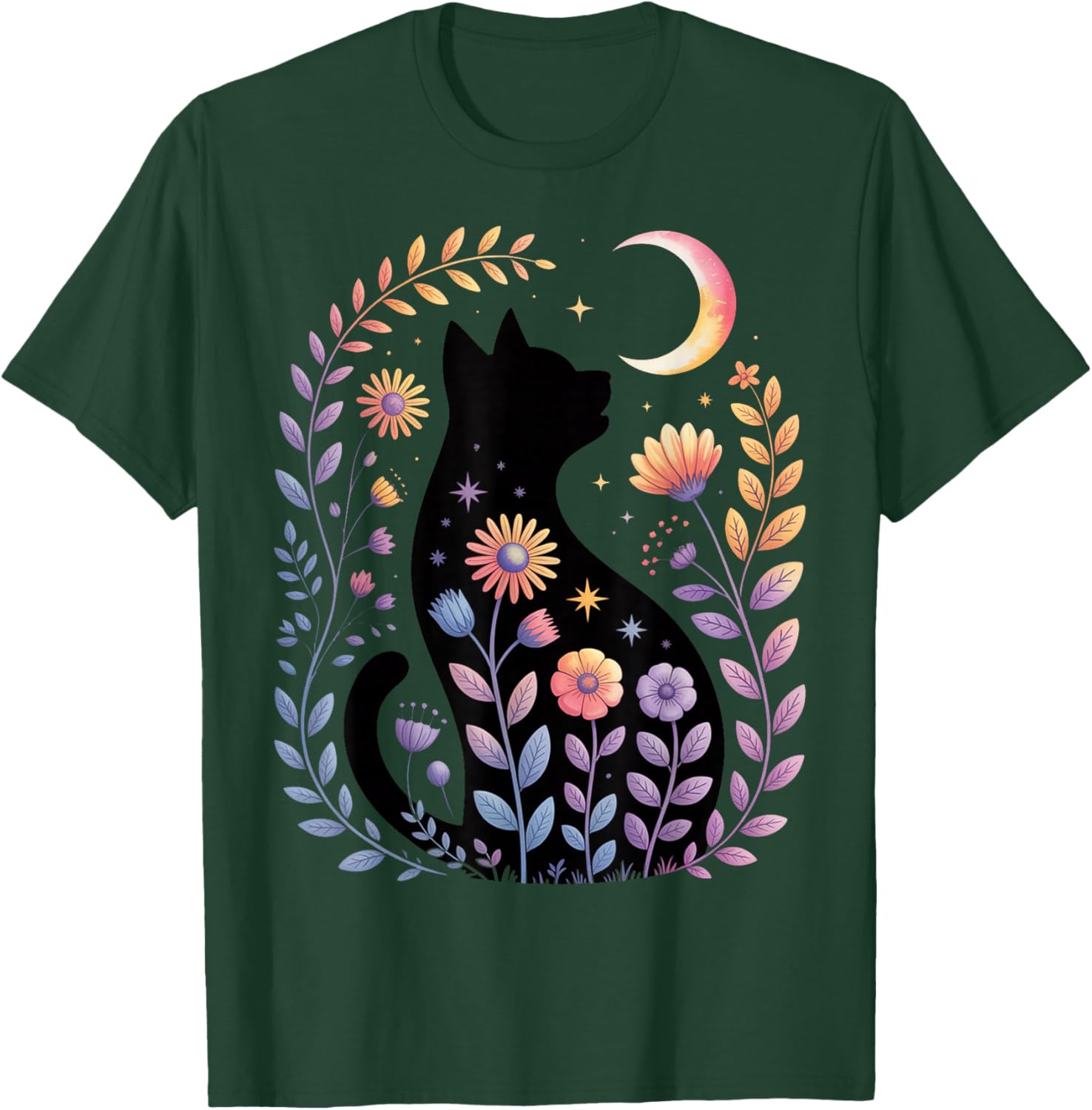 Midnight Cat and Crescent - Enchanted Lunar Garden Scene T-Shirt - T-Shirt | Forest