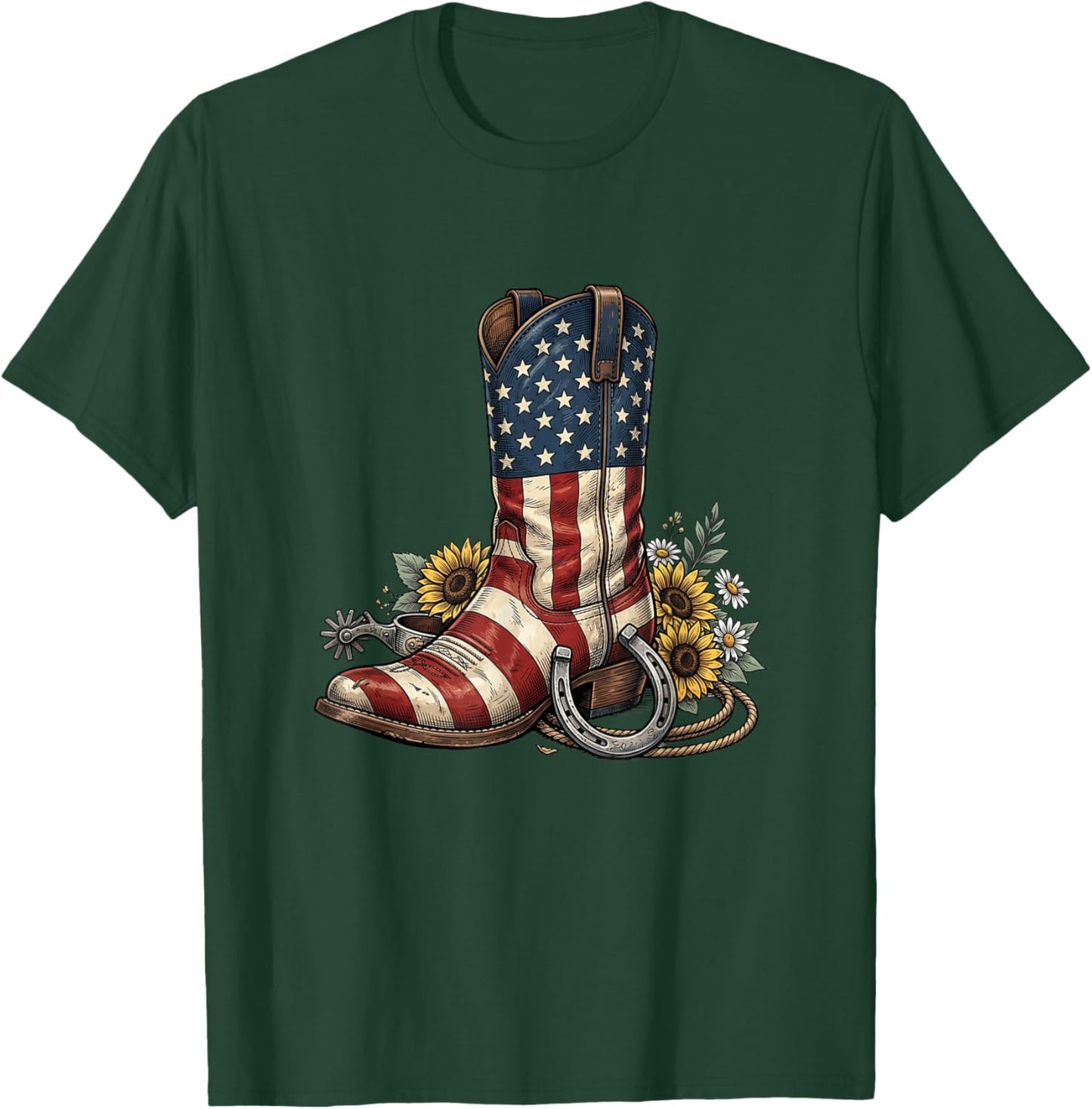 Western Cowboy Boot Sunflower American Flag 4th of July T-Shirt - T-Shirt | Forest