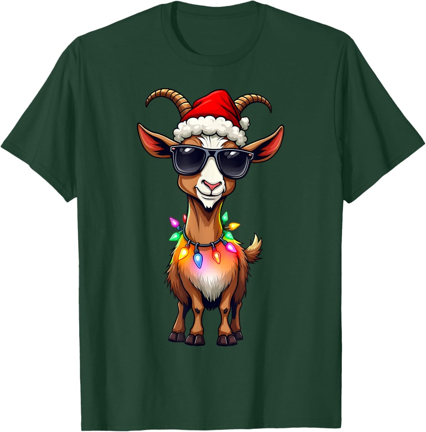 Goat Santa Hat Lights Christmas Cute Xmas Pajama T-Shirt - T-Shirt | Forest