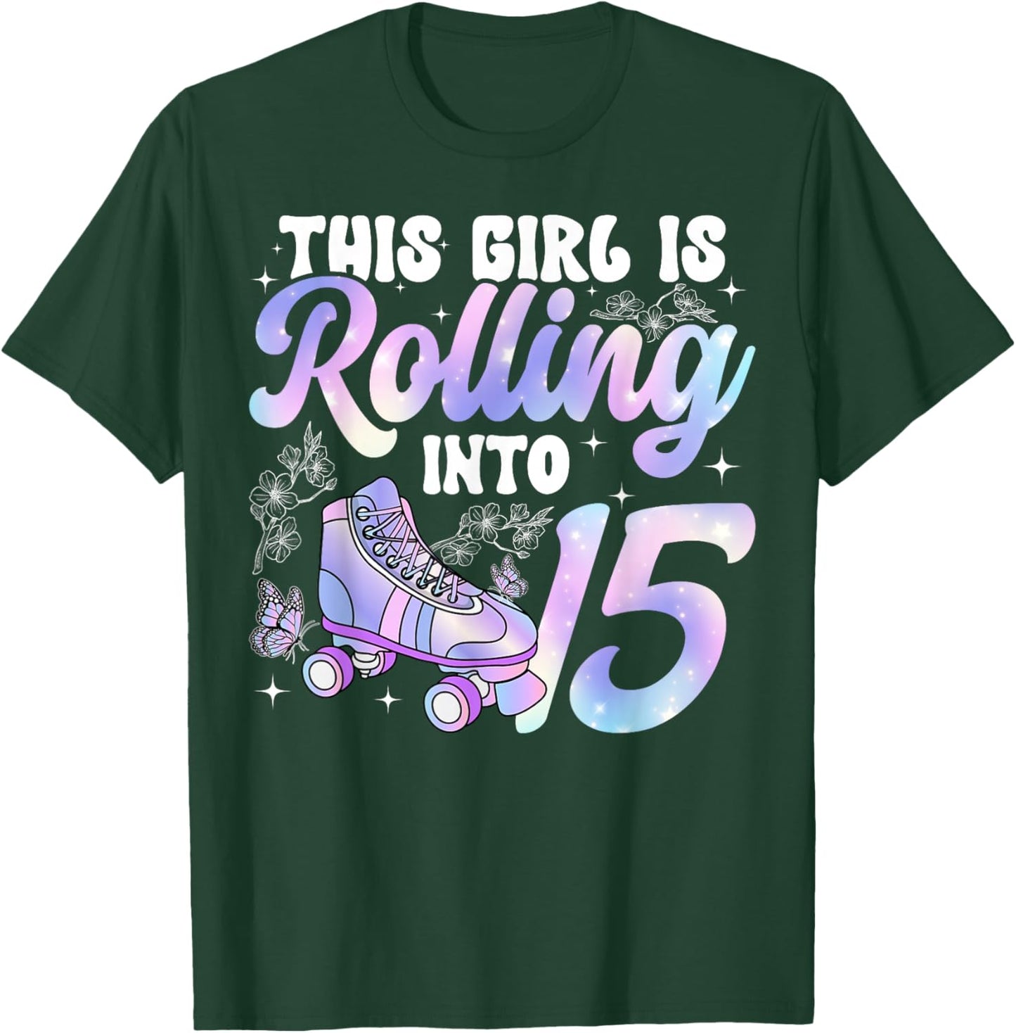 15th Roller Skating Birthday Fifteen Year Old Roller Skater T-Shirt - T-Shirt | Forest