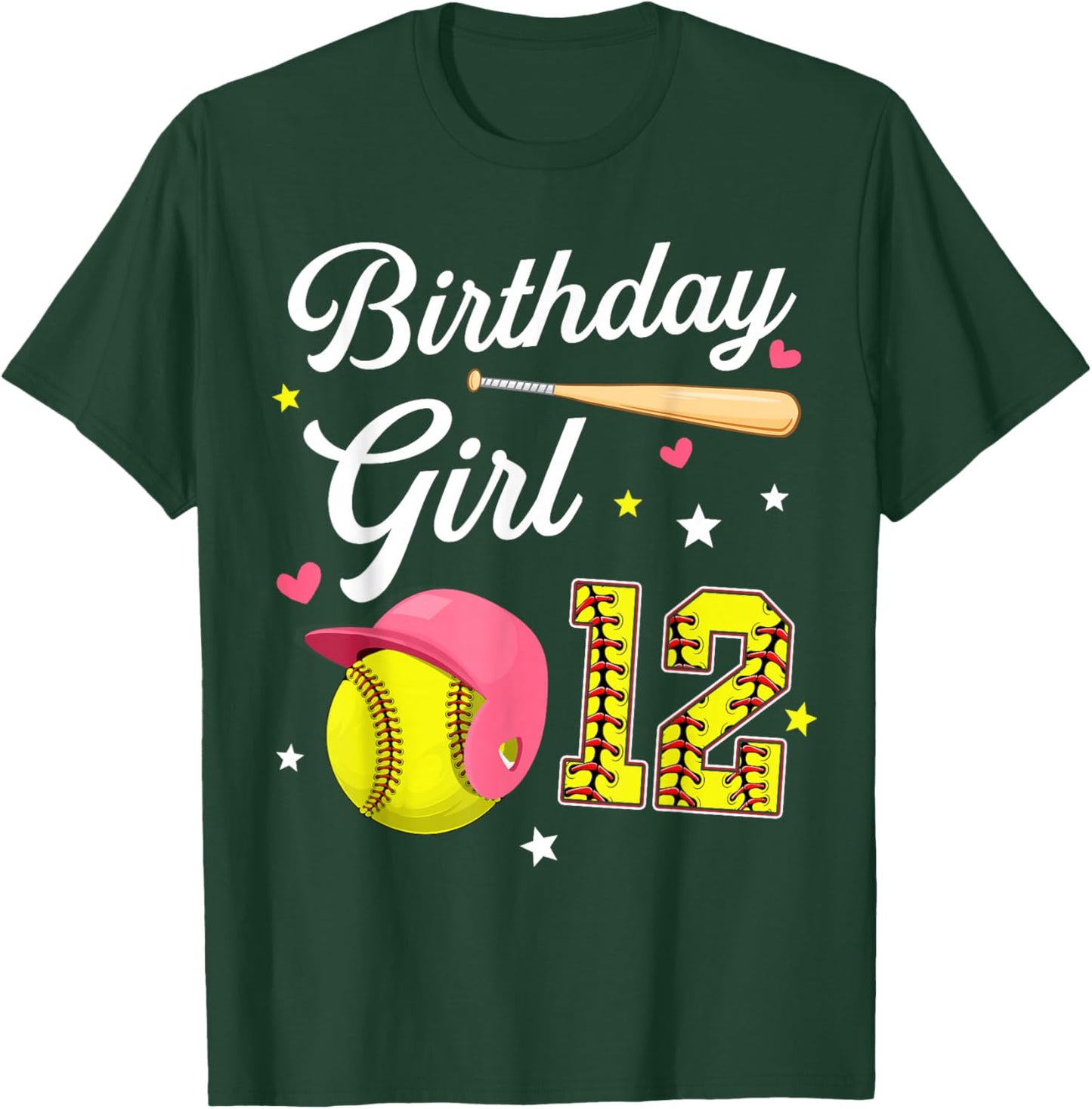 12th Birthday Girl Softball Twelfth Bday 12 Twelve Year Old T-Shirt - T-Shirt | Forest