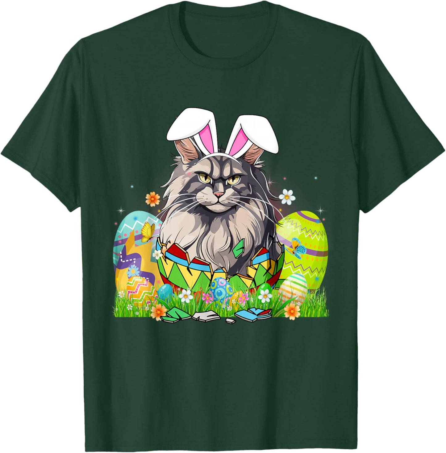 Cute Maine Coon Cat & Bunny Ears In Easter Egg Easter Day T-Shirt - T-Shirt | Forest