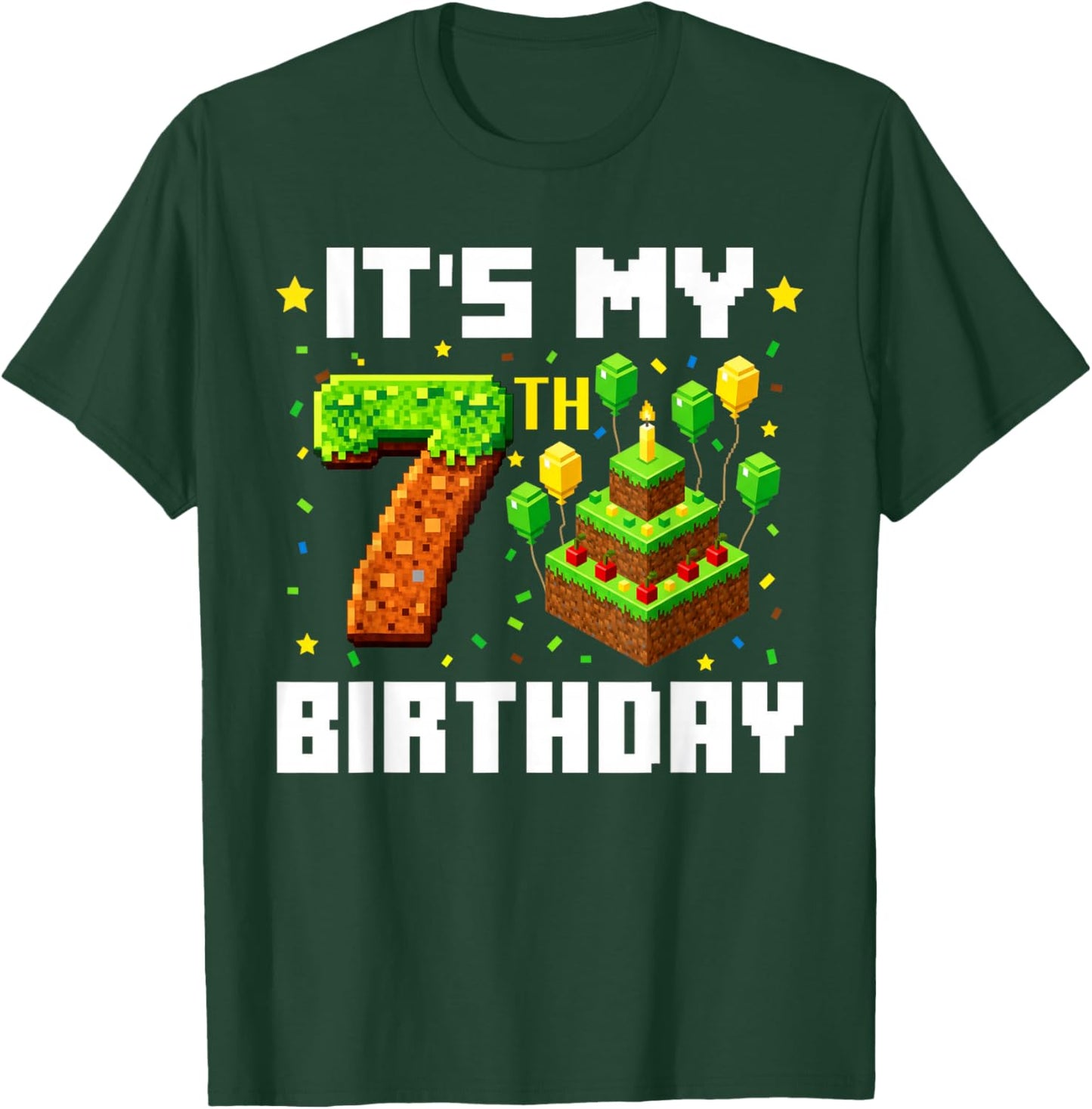 It's My 7th Birthday Boy 7th Birthday Game Pixel Kids T-Shirt - T-Shirt | Forest