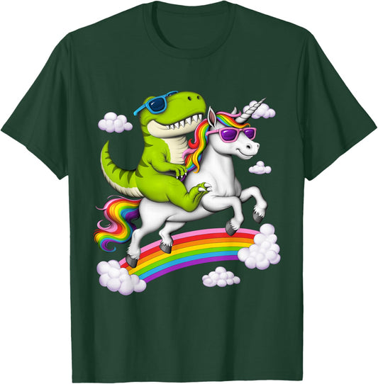 T-Rex Dinosaur Riding Unicorn Rainbow Magical Fantasy T-Shirt - T-Shirt | Forest