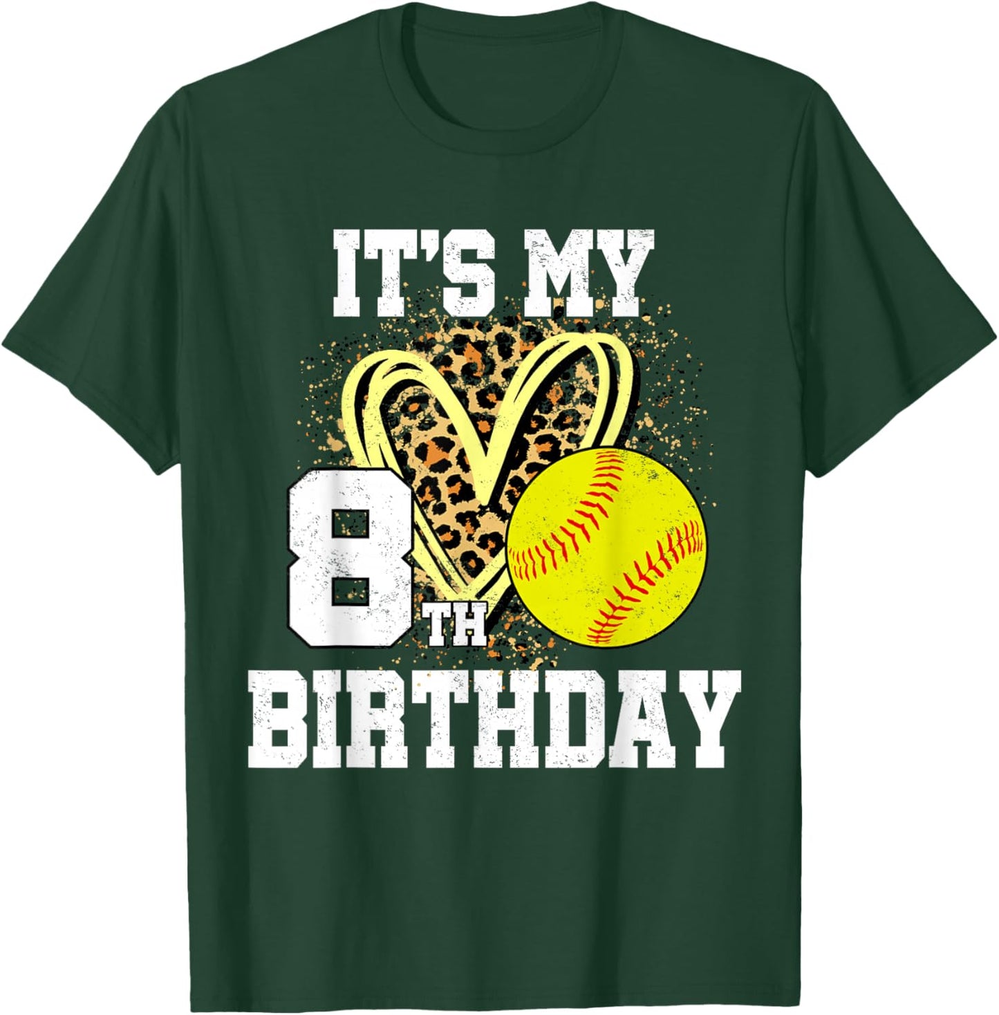 It's My 8th Birthday Softball Leopard 8 Year Old Birthday T-Shirt - T-Shirt | Forest