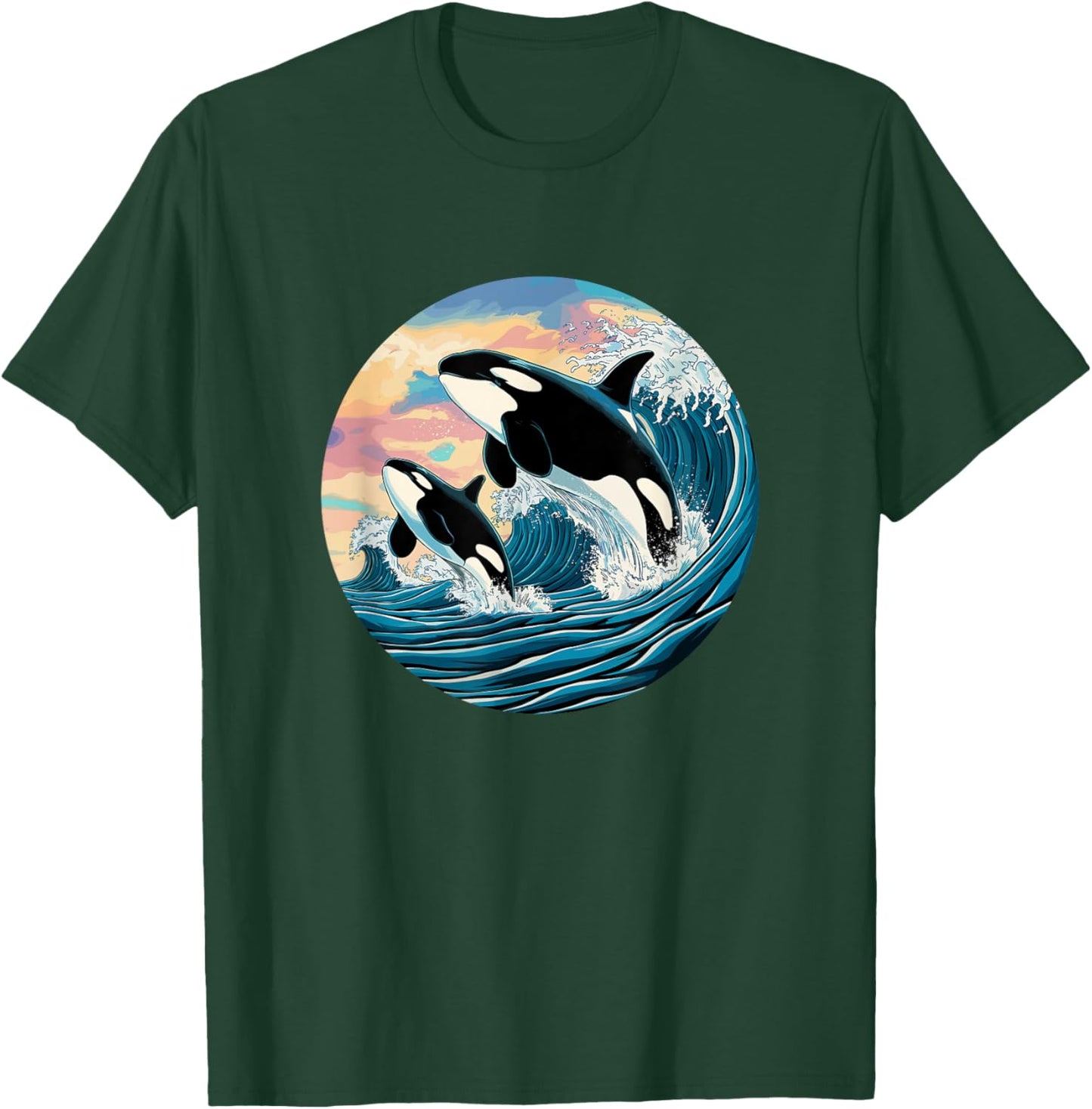 Orca Wave Ocean Sunset Marine Life Fan Outfit Kids Black Small Modern Cartoon Orca Jumping Waves Ocean Sunset Marine Life Enthusiast T-Shirt - T-Shirt | Forest