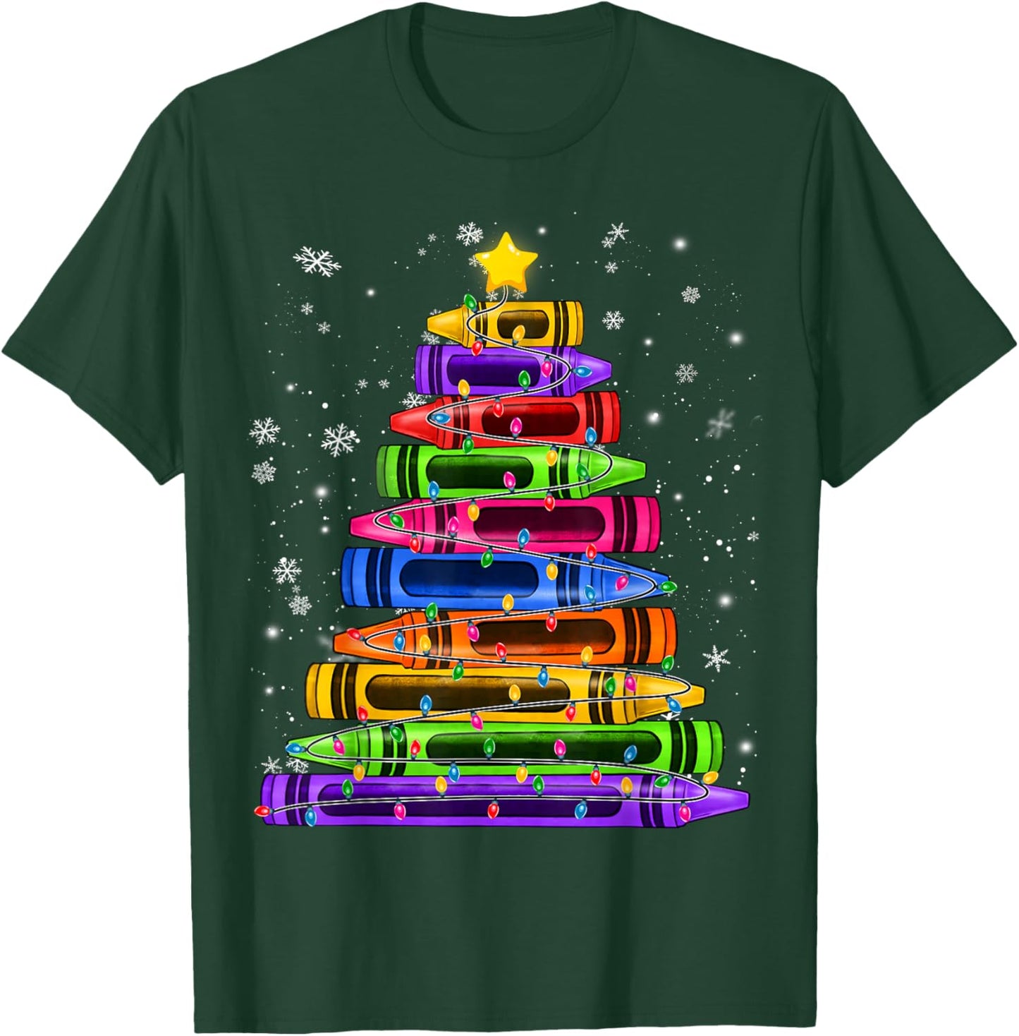 Crayon Christmas Tree Lights School Teacher Student Xmas T-Shirt - T-Shirt | Forest