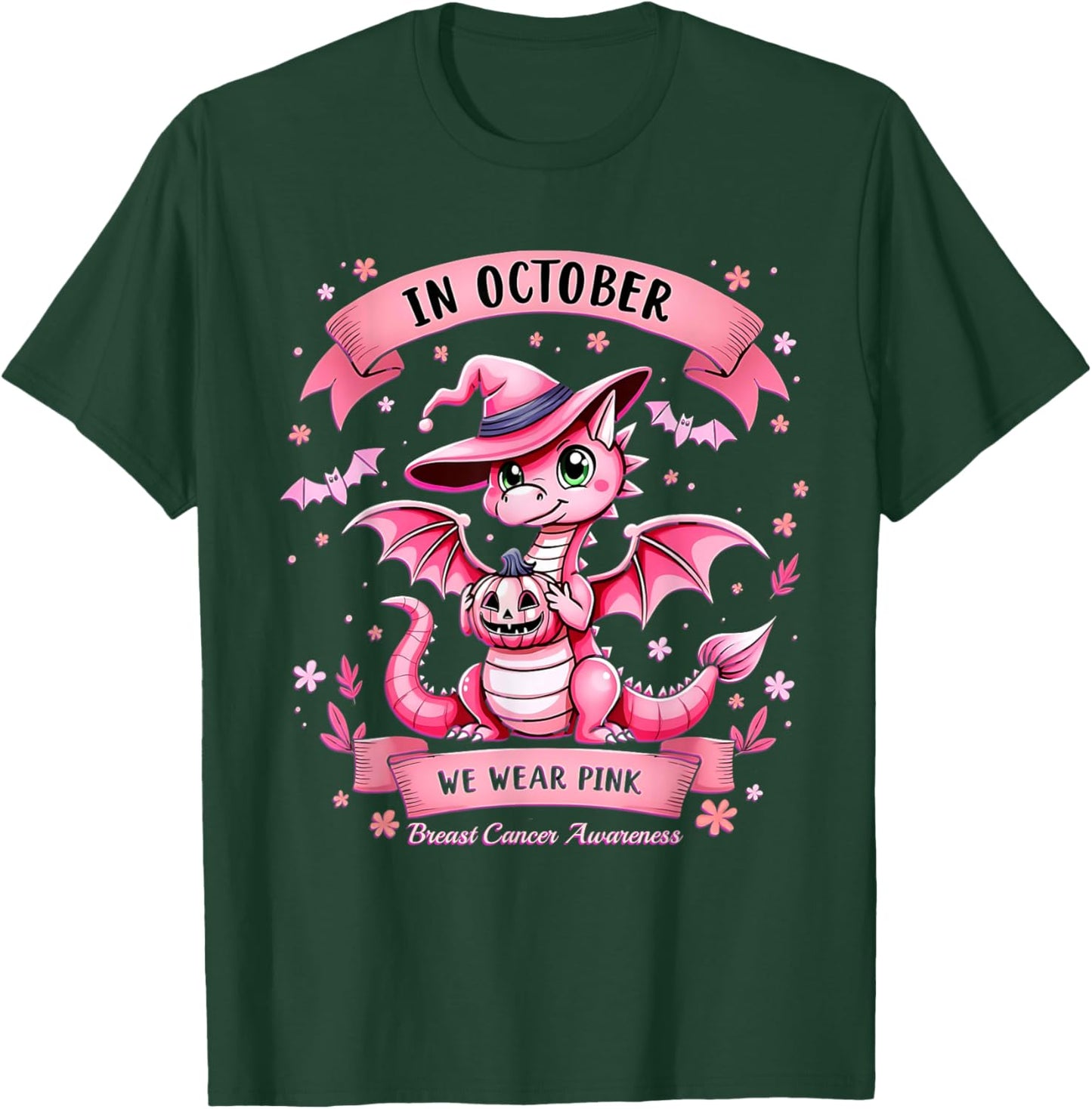October We Wear Pink Breast Cancer Awareness Dragon T-Shirt - T-Shirt | Forest