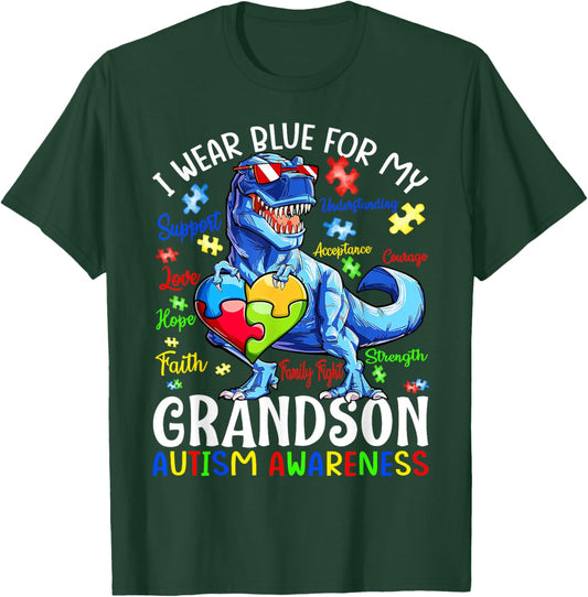 I Wear Blue For My Grandson Autism Awareness Dinosaur T-Shirt - T-Shirt | Forest