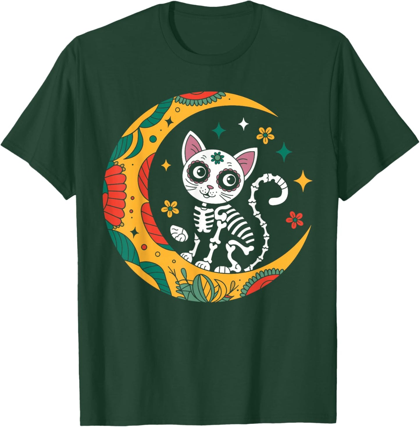 Cat And Moon Skull Dia De Los Muertos Day Of The Dead T-Shirt - T-Shirt | Forest