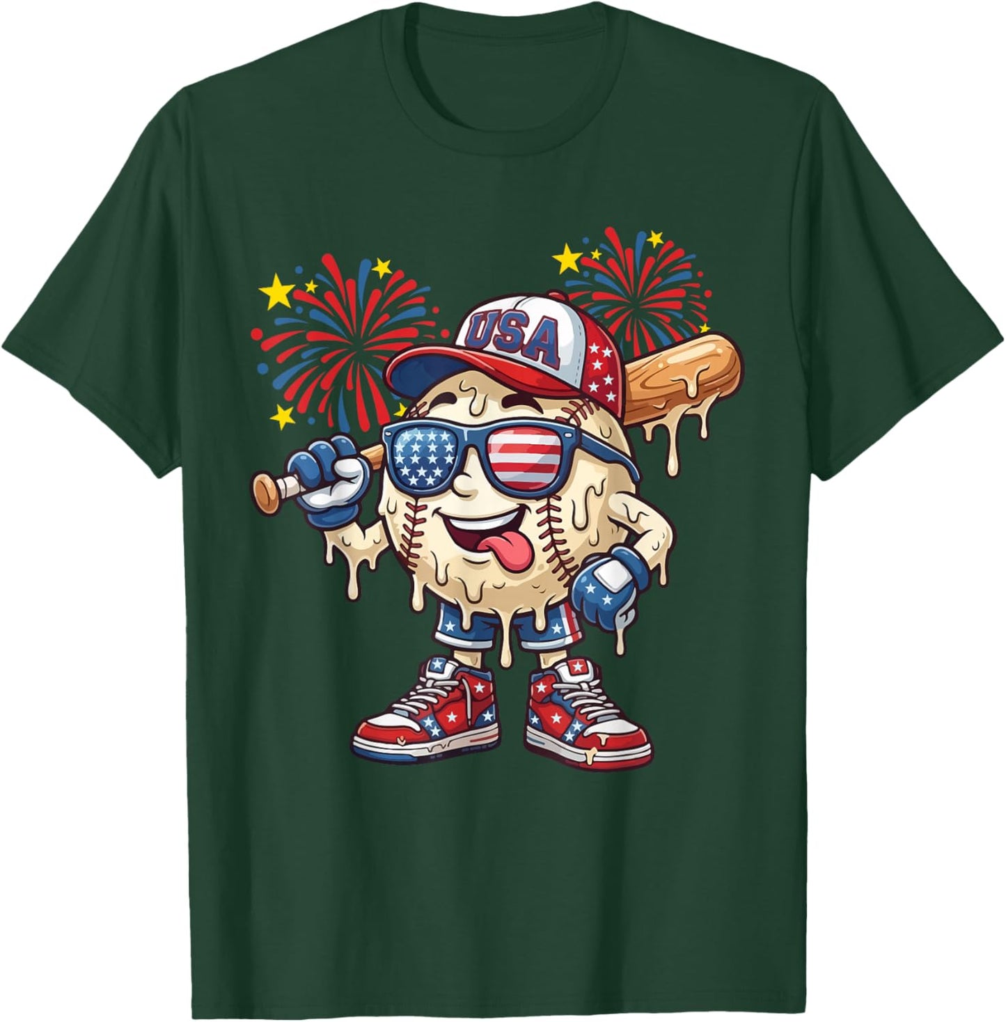 Baseball Drip American Flag for Boys Kids Youth 4th of July T-Shirt - T-Shirt | Forest