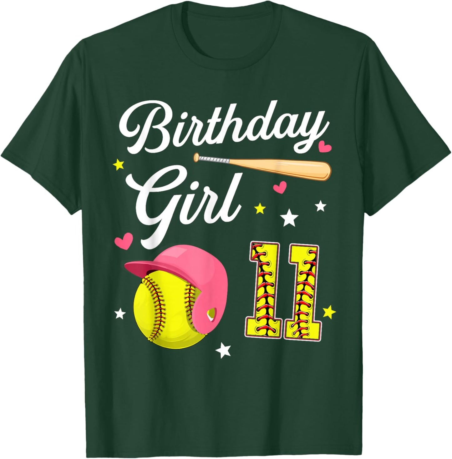 11th Birthday Girl Softball Eleventh Bday 11 Eleven Year Old T-Shirt - T-Shirt | Forest