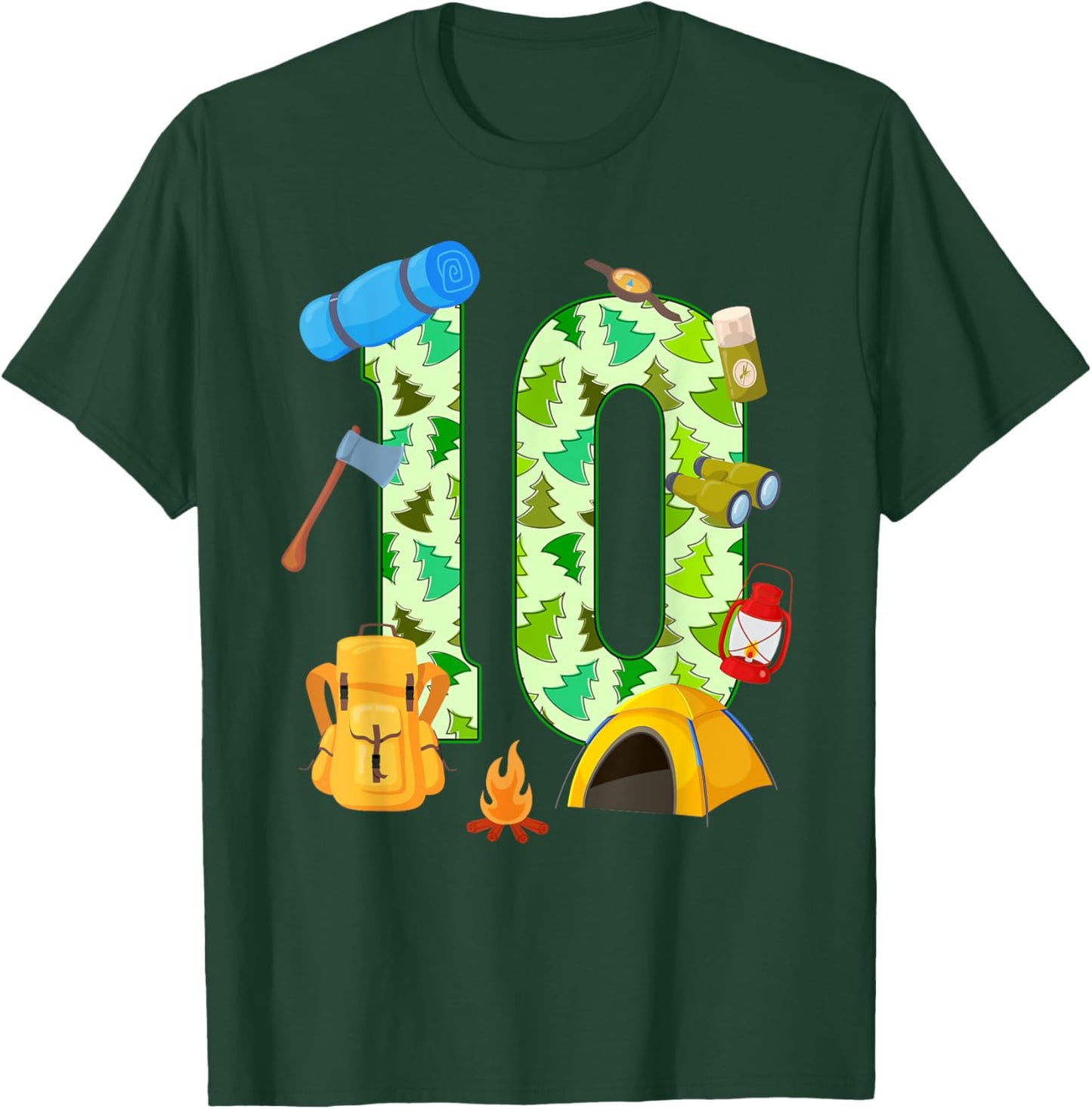 10th Birthday Camping Theme 10 Year Old Birthday Kids T-Shirt - T-Shirt | Forest