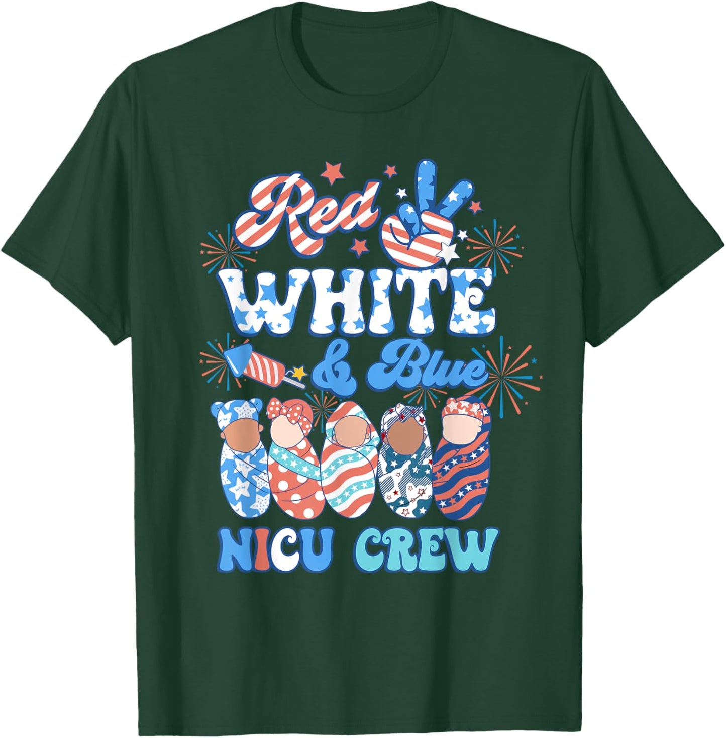 Groovy Red White Blue NICU Crew NICU Nurse 4th Of July Women Men T-Shirt - T-Shirt | Forest