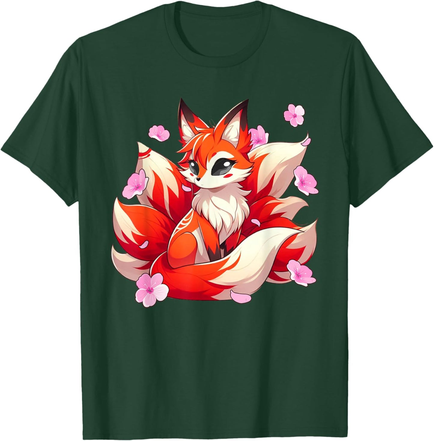 Japanese Kawaii Kitsune Nine Tail Fox Cherry Blossom Flowers T-Shirt - T-Shirt | Forest