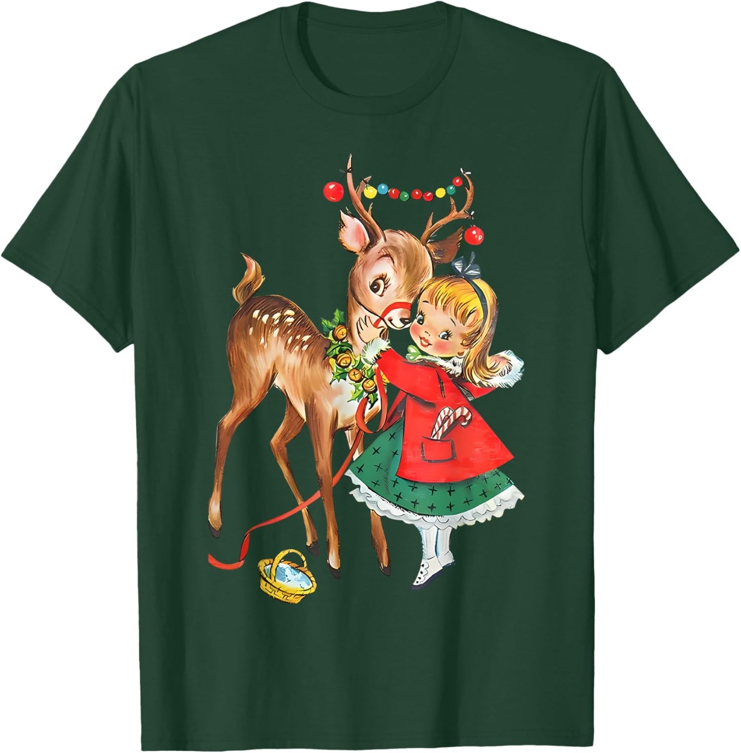 Vintage 1950s Old Fashioned Family Christmas Retro Christmas Reindeer And Girl Mid Century Xmas T-Shirt - T-Shirt | Forest