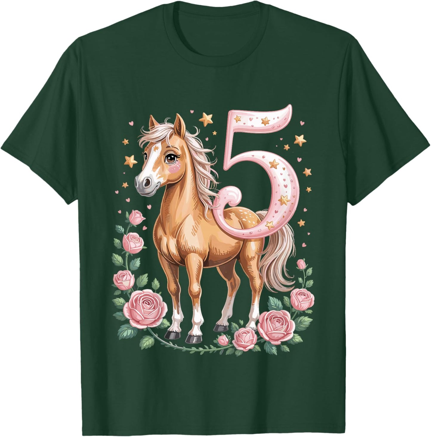 5th Birthday Horse Girl 5 Years Horses Decoration Riding Pony T-Shirt - T-Shirt | Forest