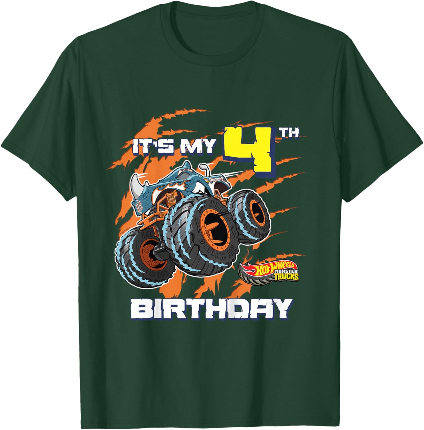 Kids Hot Wheels Monster Trucks - It's My 4th Birthday T-Shirt - T-Shirt | Forest