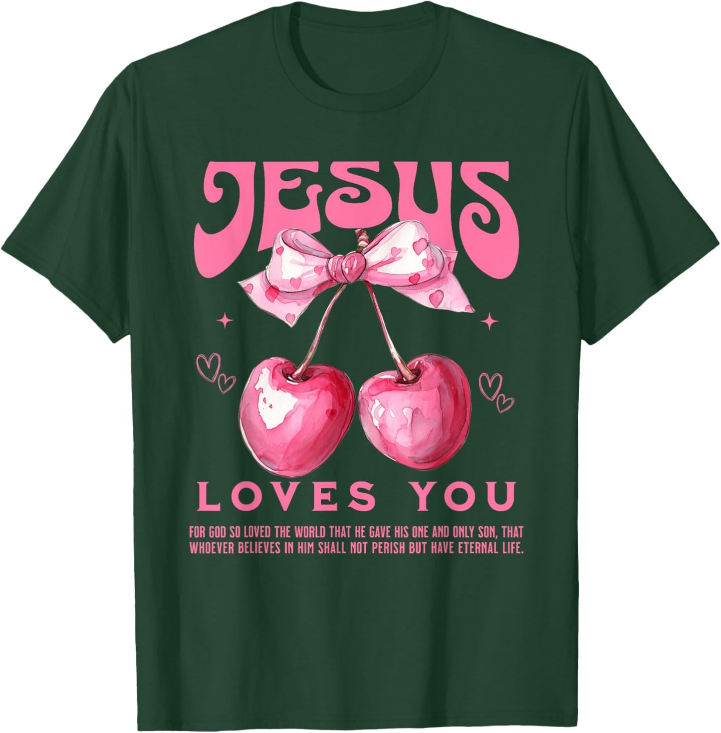 Crochet Pink Cherry Bow Bible Verse Jesus Coquette Christian T-Shirt - T-Shirt | Forest