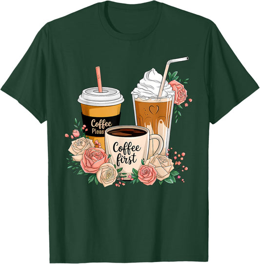 Floral Coffee Cup Iced Latte With Spring Flowers T-Shirt - T-Shirt | Forest